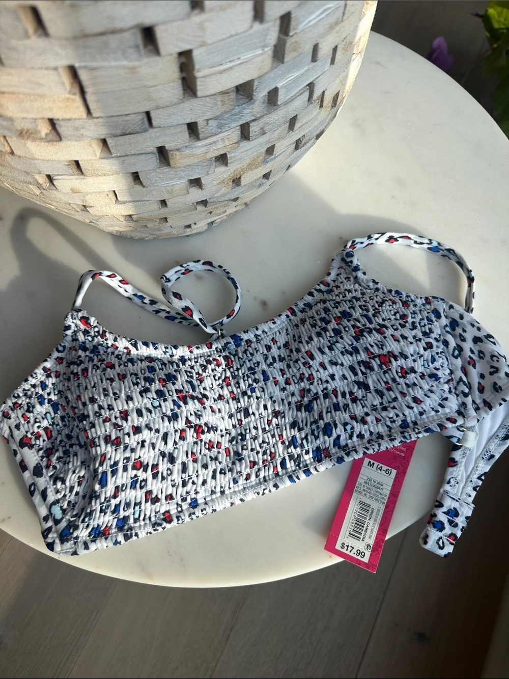 Xhilaration Juniors White Smocked Swim Top with Navy and Red Speckle Print